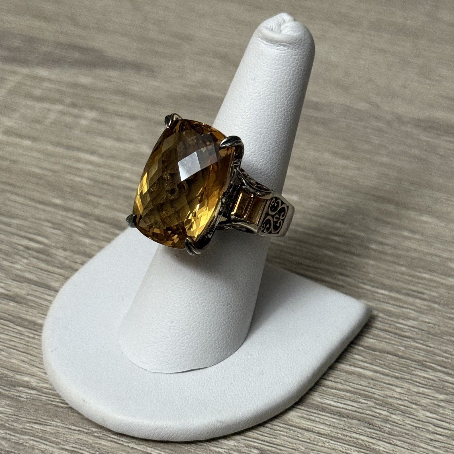 Gems En Vogue 26.4 Ct Canary Citrine Size 8 Cushion Checkerboard Cut Ring